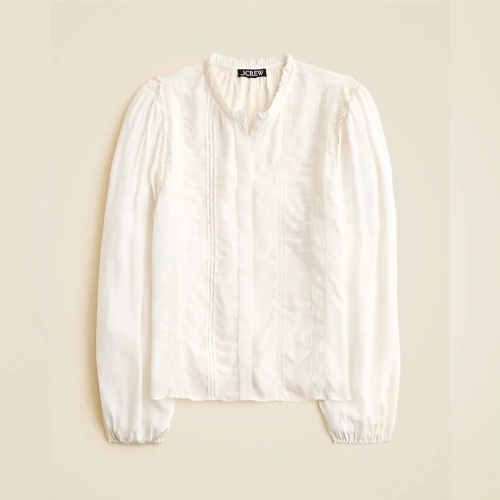 NWT J.Crew Lace Trim Pintuck Top in Crepe de Chine